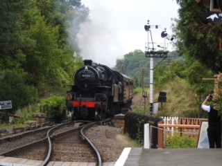 15 September 2022 43106 and 7714 arrive at Hampton Loade with a Bridgnorth-Highley train. SVR Steam Gala