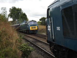 29 Sep 2022 k D1015 on a Bridgnorth-Kidderminster train crosses D182 (46045) on a Kidderminster to Highley service at Arley Severn Valley Railway Diesel Gala